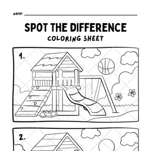 Könnte beinhalten: Eine Schwarzweiß-Malvorlage mit dem Titel "Spot the Difference Coloring Sheet". Die Seite zeigt zwei Bilder eines hölzernen Spielplatzes mit einer Rutsche, einer Leiter und einer Schaukel. Die Bilder sind bis auf ein paar kleine Unterschiede identisch.