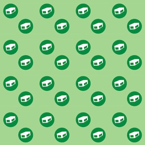 May include: A repeating pattern of white squares inside green circles on a light green background.