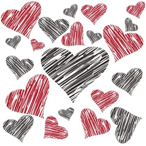 May include: A seamless pattern of red and black hearts drawn with scribbled lines. The hearts are arranged in a random pattern and overlap each other.