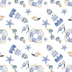Seagull Lighthouse Ocean Sea Shell Star Fish Nautical Beach Seamless Pattern Sublimation Digital Scrapbooking Paper 12x12 Repeat Pattern