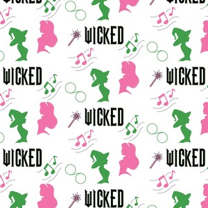 May include: A repeating pattern on a white background featuring silhouettes of a witch in green, a woman in pink, musical notes, a wand, and the word "WICKED" in black. The design is whimsical and colorful.