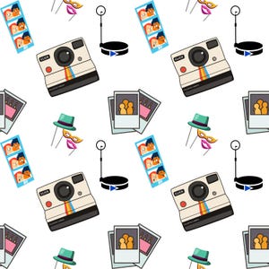 May include: A repeating pattern of photo booth props and elements on a white background. The design includes vintage cameras, photo strips, masquerade masks, fedora hats, and photo booth stands. The camera has a rainbow stripe.