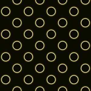 May include: A repeating pattern of black circles with a glowing yellow outline on a dark background. The circles are evenly spaced, creating a symmetrical design. The overall effect is a modern, abstract design.