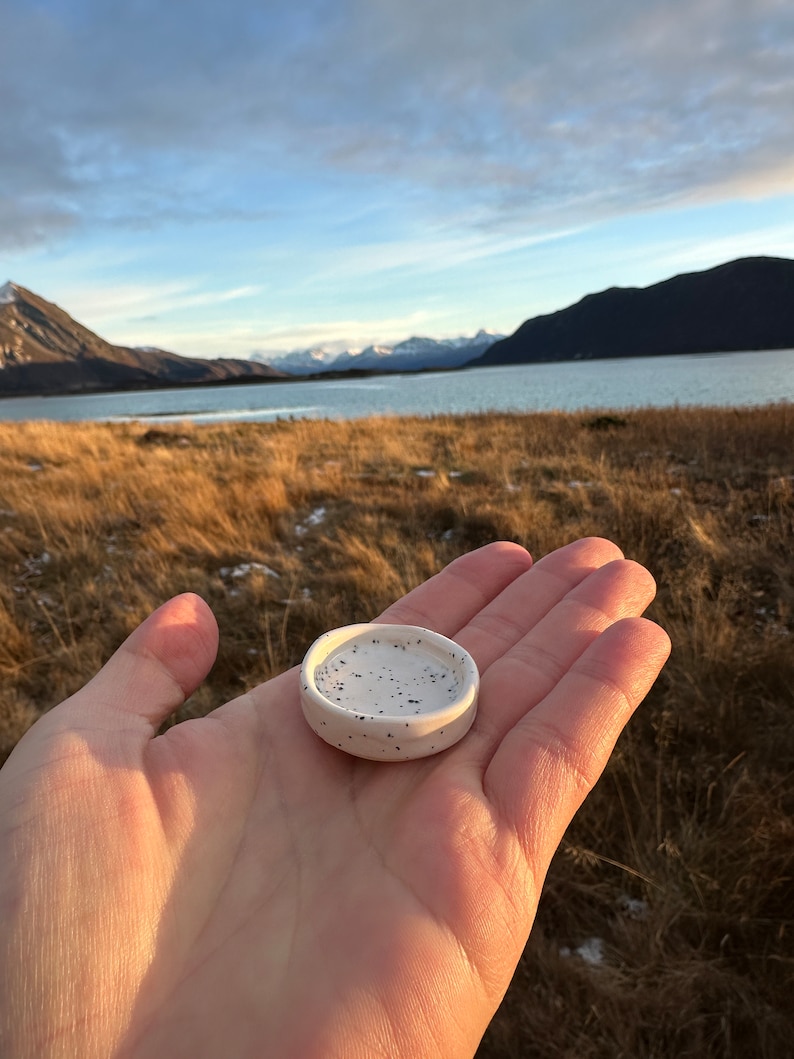 Op de afbeelding: Een kleine, ronde, gebroken witte keramische schaal met een gespikkeld patroon van kleine zwarte stippen over het oppervlak. De schaal heeft een ondiep, concaaf midden en een gladde, afgeronde rand, ontworpen als een compacte schaal.