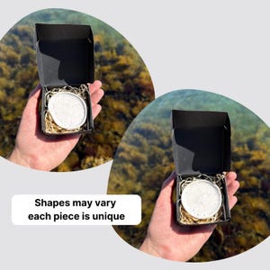 May include: A small white ceramic dish with dark speckles nestled in a black cardboard gift box filled with shredded paper filler. The text on the image reads: Shapes may vary each piece is unique. The dish has an irregular, organic circular shape.