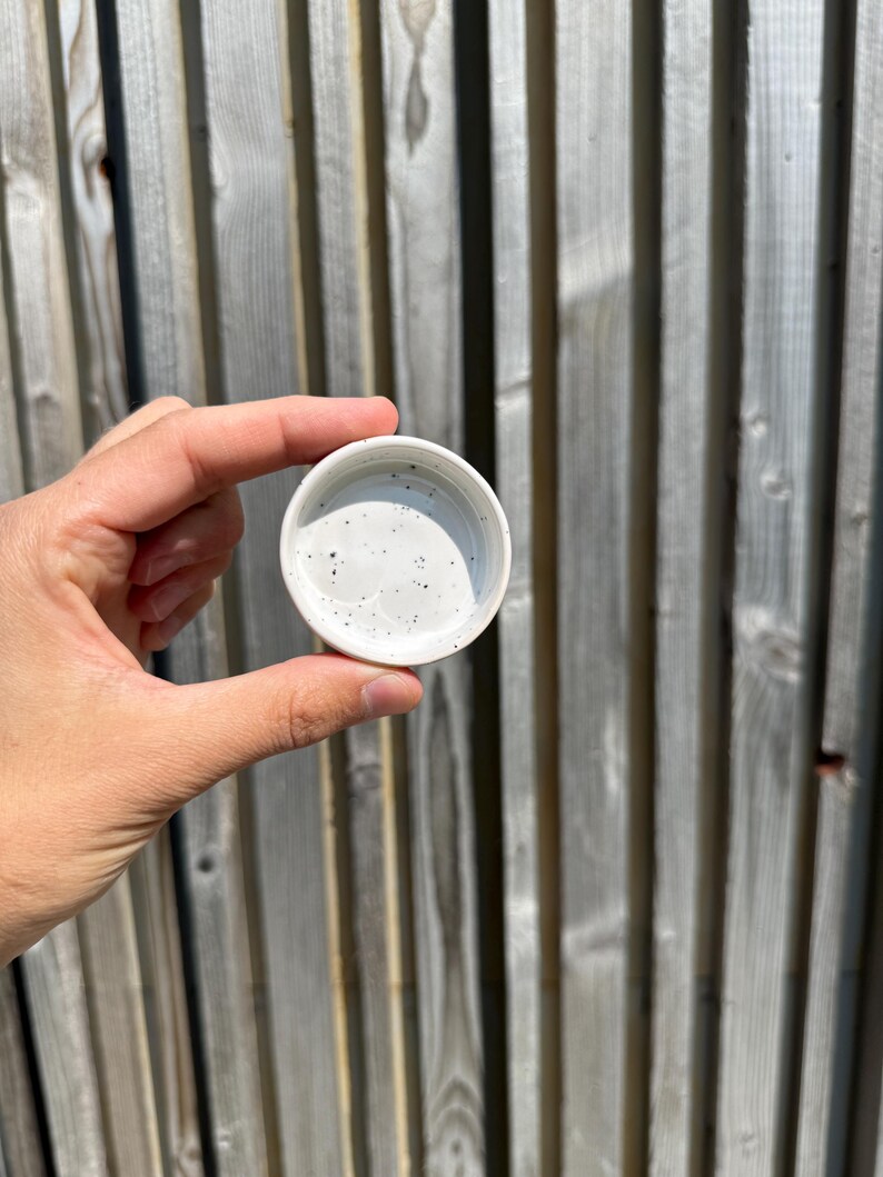 May include: A small, circular ceramic dish with a white glaze and a speckled pattern featuring tiny black dots scattered across the interior surface. The dish has a smooth, rounded rim and a shallow basin, presenting a clean and simple design.