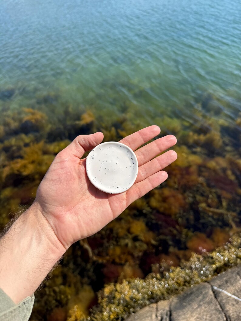 May include: A small, circular white ceramic dish featuring a speckled pattern with tiny black dots distributed across its surface. The dish has a slightly raised rim and a smooth, matte finish, presented as a simple, functional object.