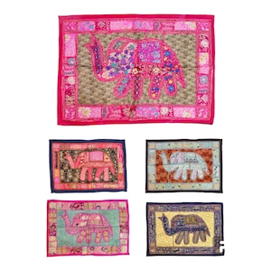 May include: Five colourful embroidered wall hangings featuring elephants. The hangings are made of fabric and have a patchwork design. The elephants are pink, orange, blue, and grey.