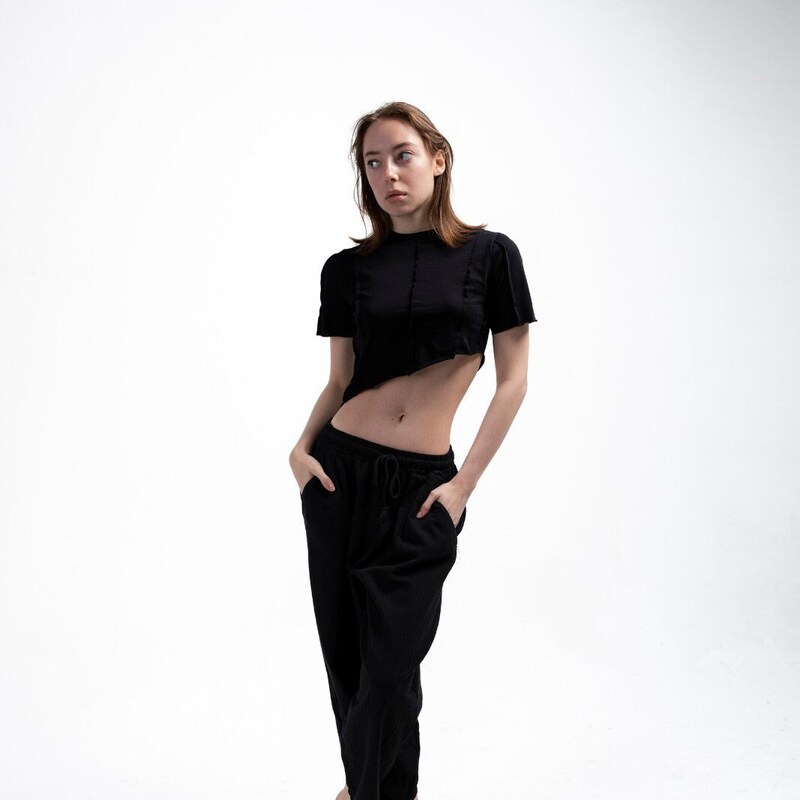 Bohemian Style Bib Strap Crop Top With Tie Waist Straight Leg Pants
