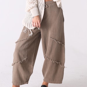 Pantalon palazzo en lin marron : pantalons de yoga bohèmes faits main, vêtements de marque confortables