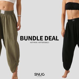 May include: Olive green and black harem pants are displayed in this image. The olive green pants are on the left, and the black pants are on the right. The text "BUNDLE DEAL" is in the center, with "HOT PICKS - HOTTER DEALS!" below it.