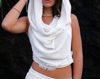 Zweiteiliges Set aus Bio-Baumwollgaze, Kapuzen-Crop-Top, Wickelhose, Boho-Brautoutfit