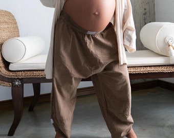 Pregnancy Pants Organic Linen – GOTS Certified Handmade Maternity Trousers, Comfy Elastic Waist Sustainable Clothing