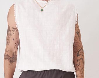 Frill Tank Top Organic Cotton: Off White Handmade Sleeveless Boho Oversized Men’s Summer Top
