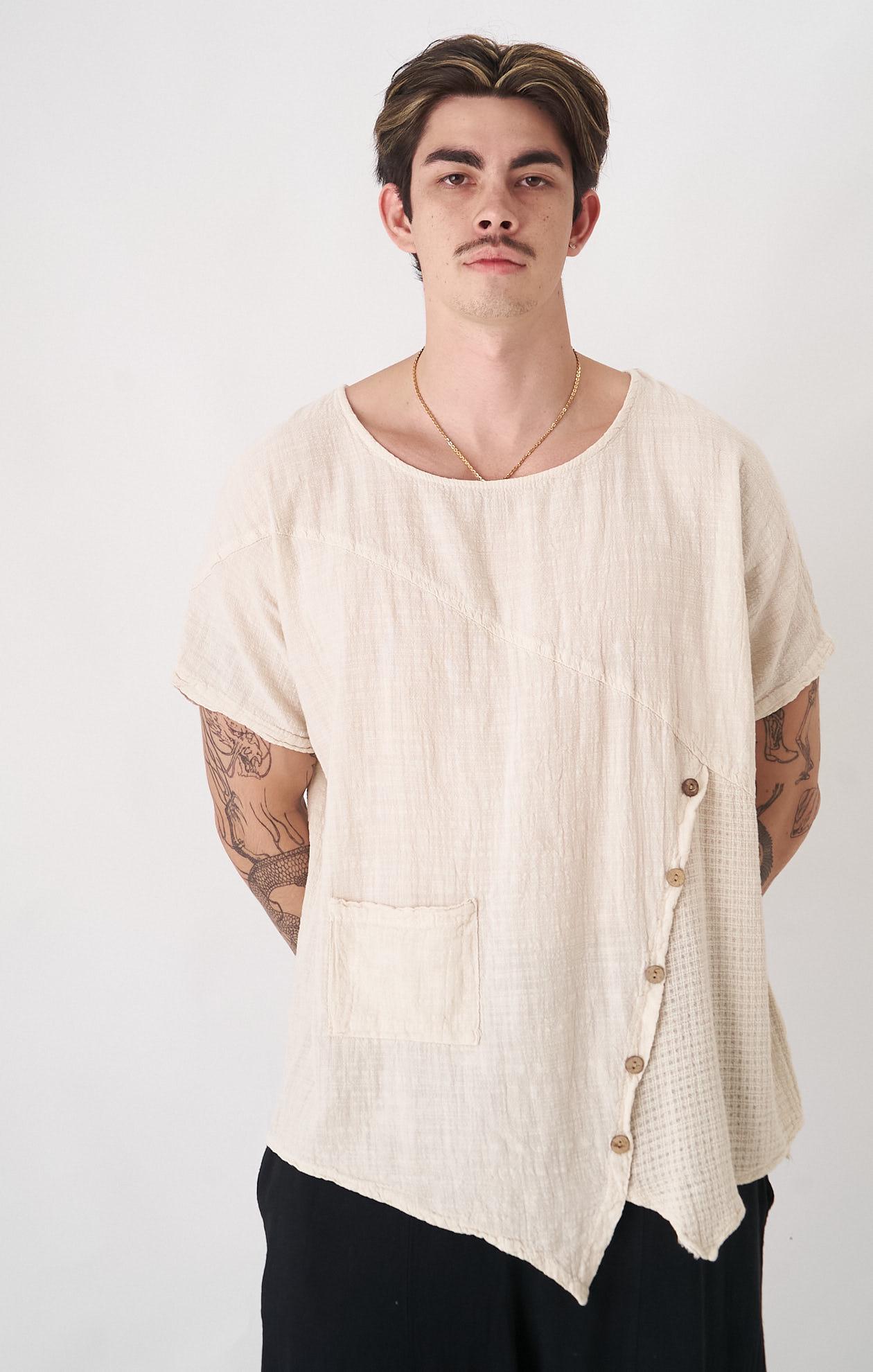 Linen Boho Cream Asymmetric Coconut Button Detail Mens Top | Boho Summer shirt | Boho Style Oversized Tee | Casual Wear | One Size Men Top