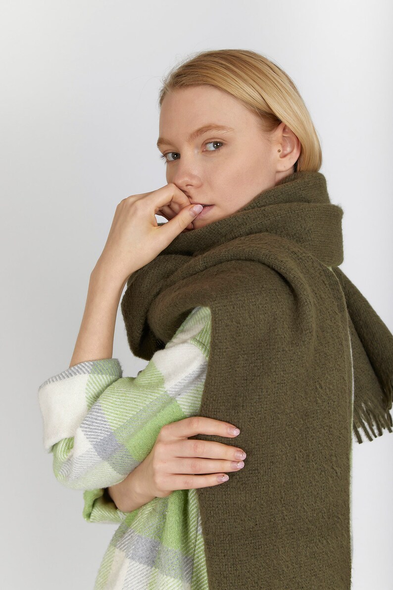 Unisex Green cashmere cotton blankie, Soft & Warm SNUG Versatile Shawl, 2.7m Long, Boho-Inspired, Modern cashmere wrap image 9