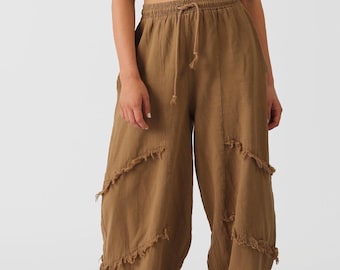 Linen Palazzo Pants Women | Wide Leg Brown Linen Pants | Boho Summer Yoga & Meditation Trousers | Snug Handmade Fashion