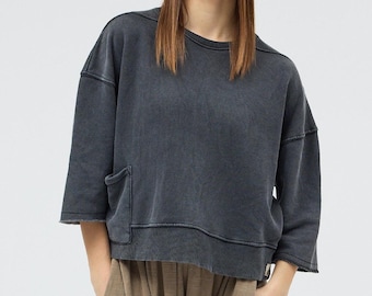 Oversized Sweatshirt Washed Grey Cotton Semi Crop Boxy Relaxed Pullover