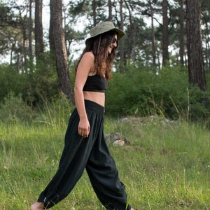 Cyberpunk Harem Linen Natural Woven Pants, Modern Handmade Black Yoga Boho Pants. image 6