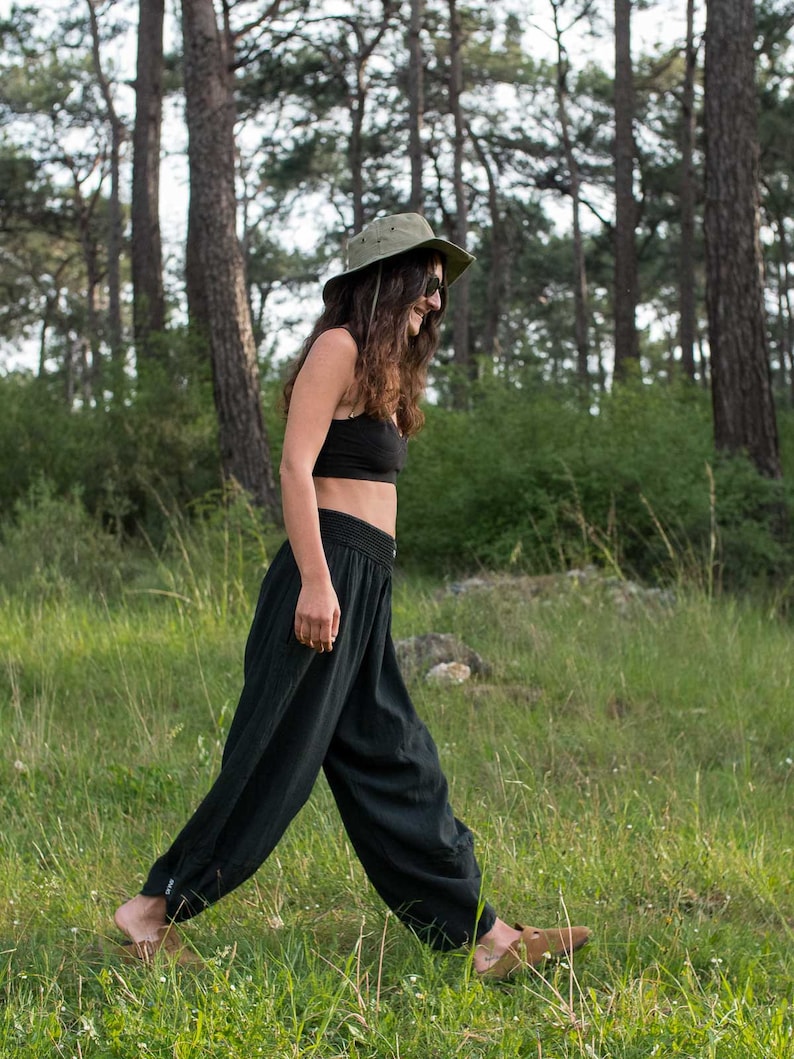 Cyberpunk Harem Linen Natural Woven Pants, Modern Handmade Black Yoga Boho Pants. image 6