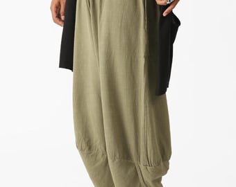 Men Harem Pants Linen Cotton: Khaki Relaxed Fit Boho Trousers
