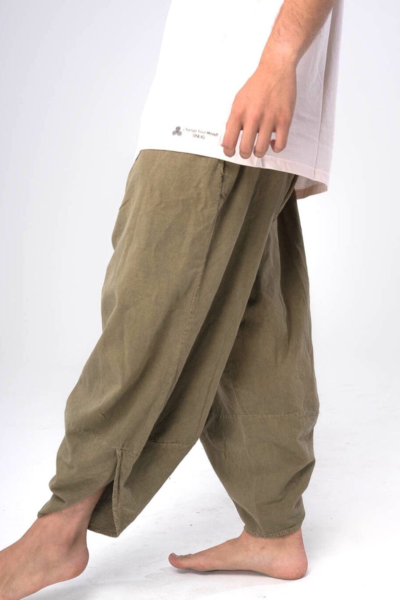 Green Bohemian Linen organic GOT certified SNUG Pants Meditation and Yoga Handmade Boho-Harem Style Pants. Green