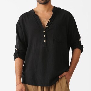 Organic Linen Shirt Black Henley: Handmade Eco-Friendly Boho Menswear Top