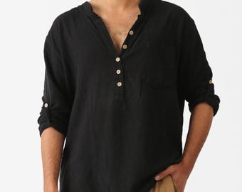 Koszula lniana organiczna w kolorze czarnym Henley: ręcznie robiony, ekologiczny top w stylu boho dla mężczyzn
