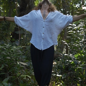 Unisex Oversized Linen Batwing Shirt – Handmade Boho Top, Relaxed Fit