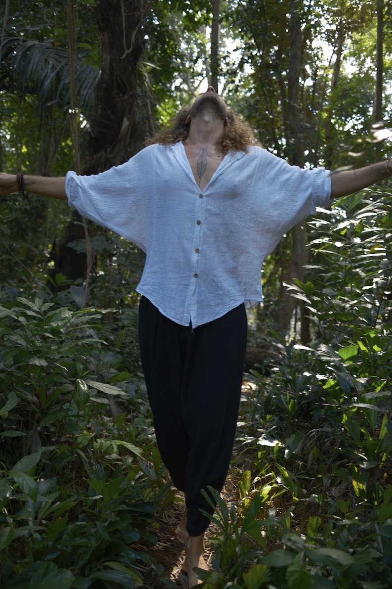 Unisex Oversized Linen Batwing Shirt – Handmade Boho Top, Relaxed Fit