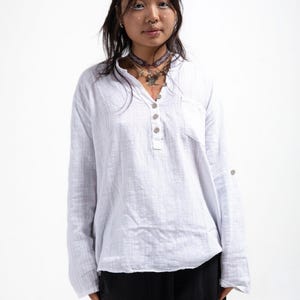 Linen Boho Shirt: Unisex Long Sleeve Cotton Button-Up