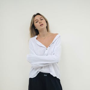 Camisa de lino de verano con mangas remangadas, prenda informal bohemia minimalista para mujer