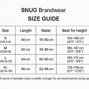SNUG Brandwear size guide: S–XL chart with length, waist, and height recommendations for linen palazzo pants.