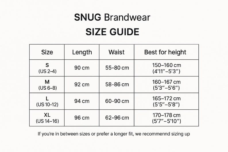 SNUG Brandwear size guide: S–XL chart with length, waist, and height recommendations for linen palazzo pants.