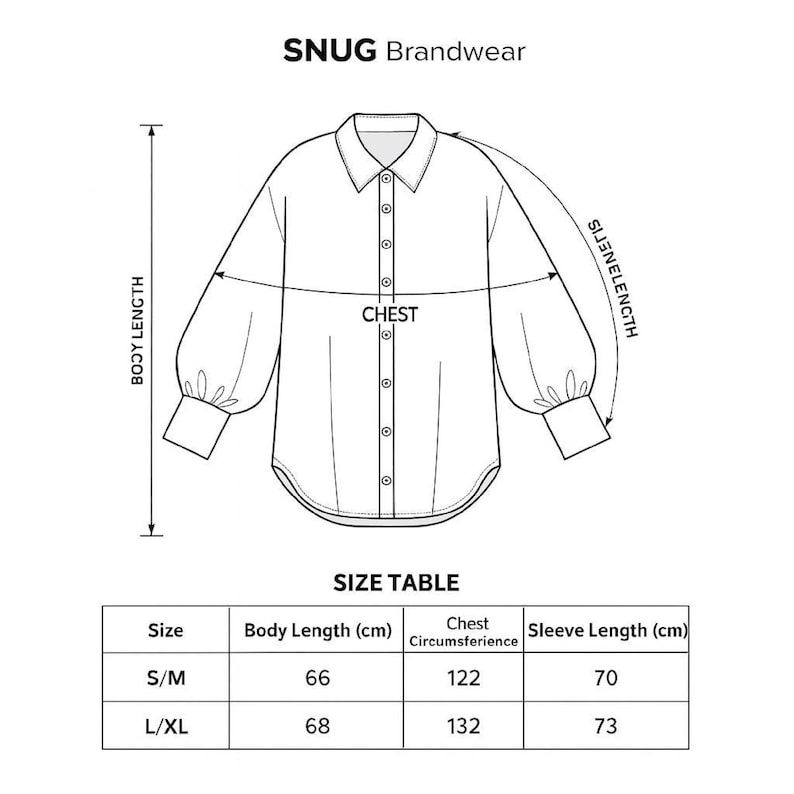 Unisex oversized linen batwing shirt line drawing with button-down front, puff sleeves, curved hem, and size chart.