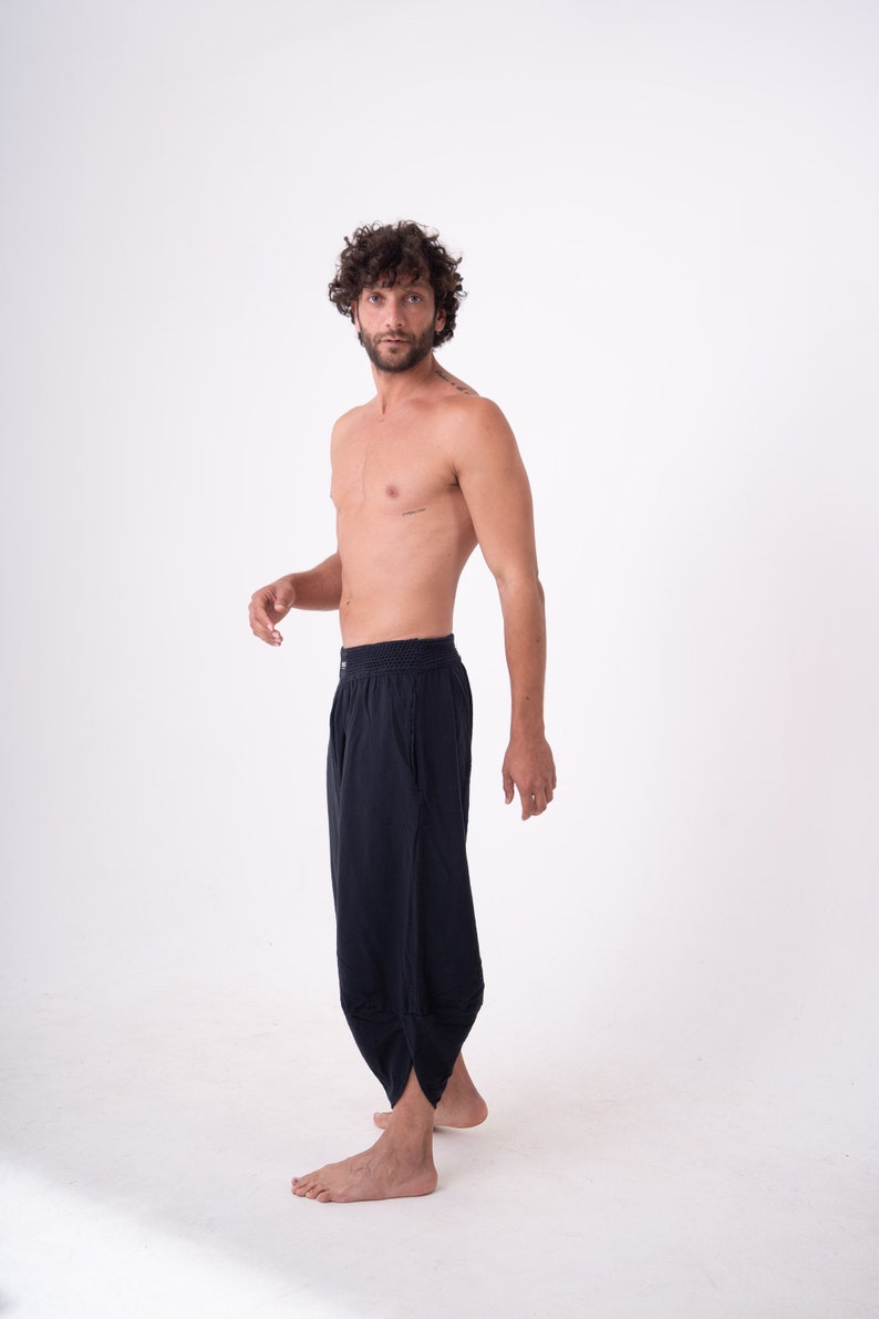 Cyberpunk Harem Linen Natural Woven Pants, Modern Handmade Black Yoga Boho Pants. image 9