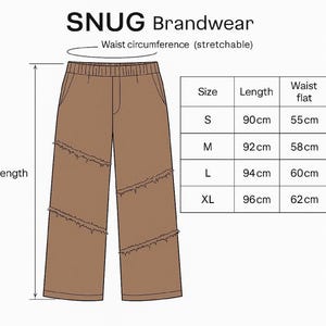 Brown linen palazzo pants with wide legs and elastic waist, handmade yoga/boho trousers by Snug Brandwear; size chart beside.