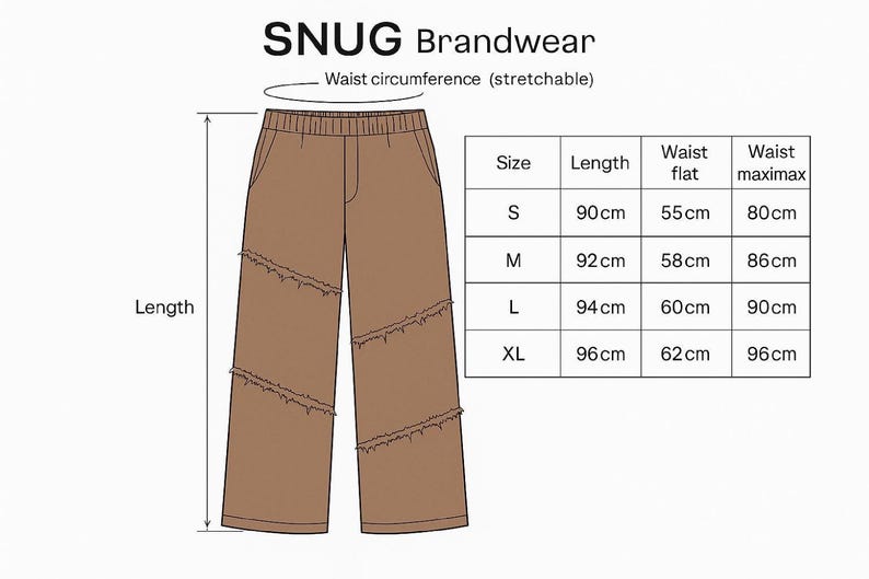 Brown linen palazzo pants with wide legs and elastic waist, handmade yoga/boho trousers by Snug Brandwear; size chart beside.