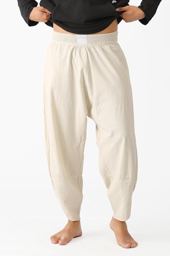 Unisex Beige Linen Harem Pants: Boho Yoga Trousers