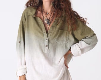 Organic Cotton Ombre Button-Up Shirt: Sage Green Gradient, Unisex Oversized Top