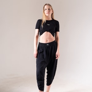 Cyberpunk Harem Linen Natural Woven Pants, Modern Handmade Black Yoga Boho Pants. image 10