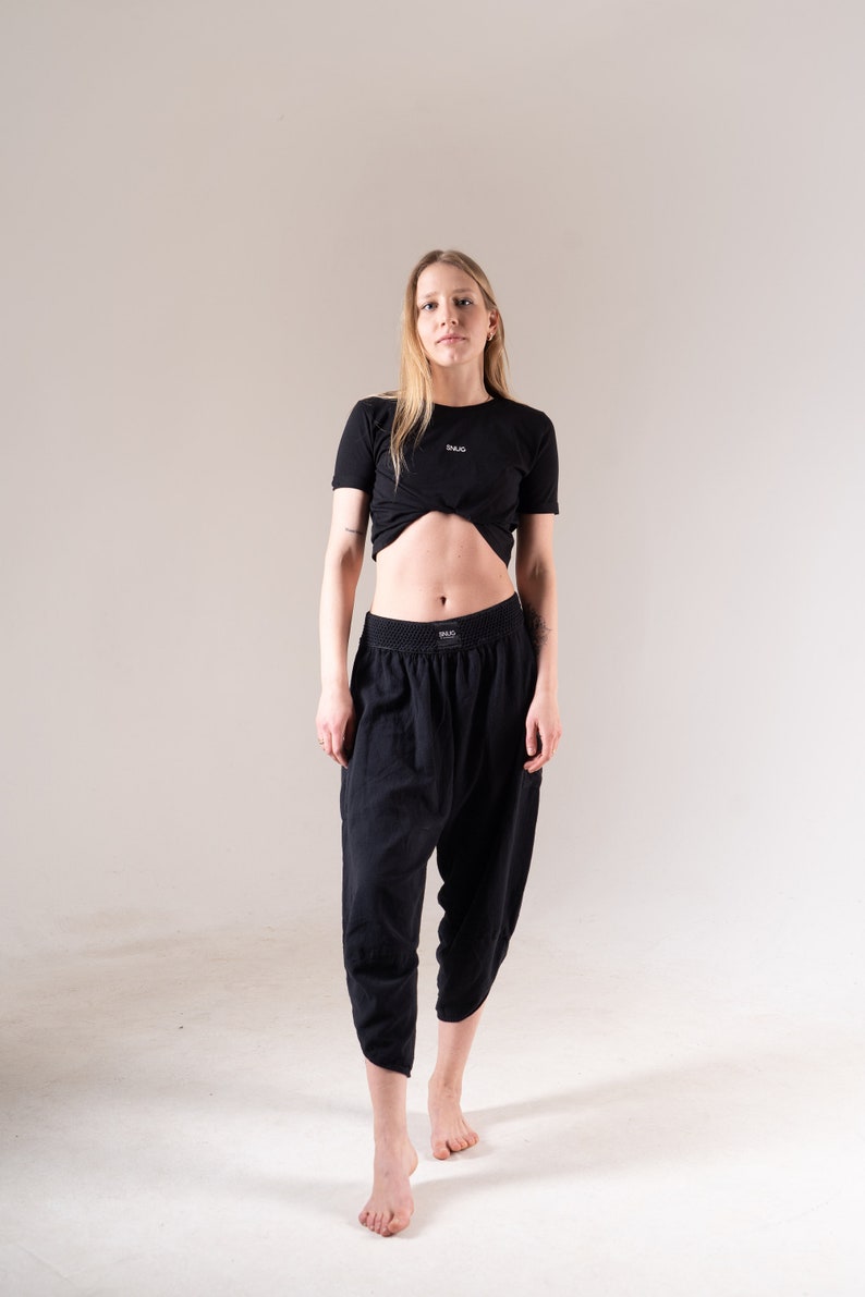 Cyberpunk Harem Linen Natural Woven Pants, Modern Handmade Black Yoga Boho Pants. image 10