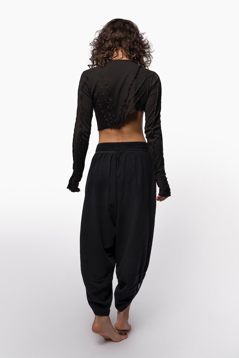 Cyberpunk Harem Linen Natural Woven Pants, Modern Handmade Black Yoga Boho Pants. image 7