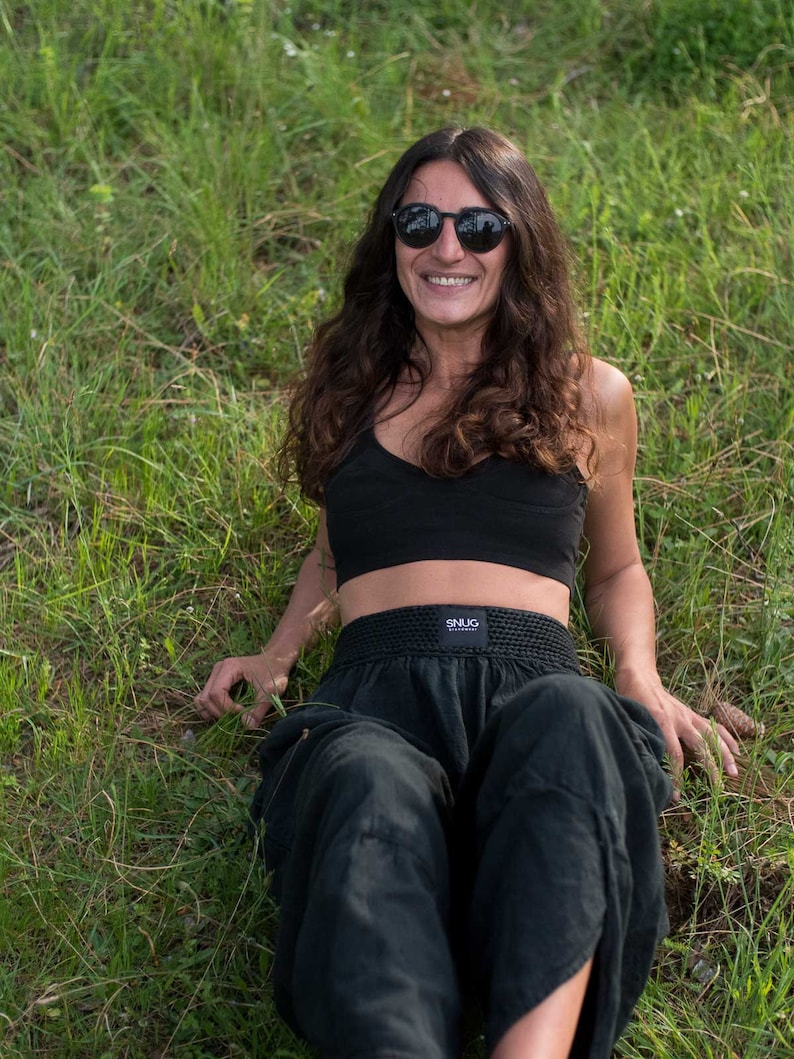 Cyberpunk Harem Linen Natural Woven Pants, Modern Handmade Black Yoga Boho Pants. image 5