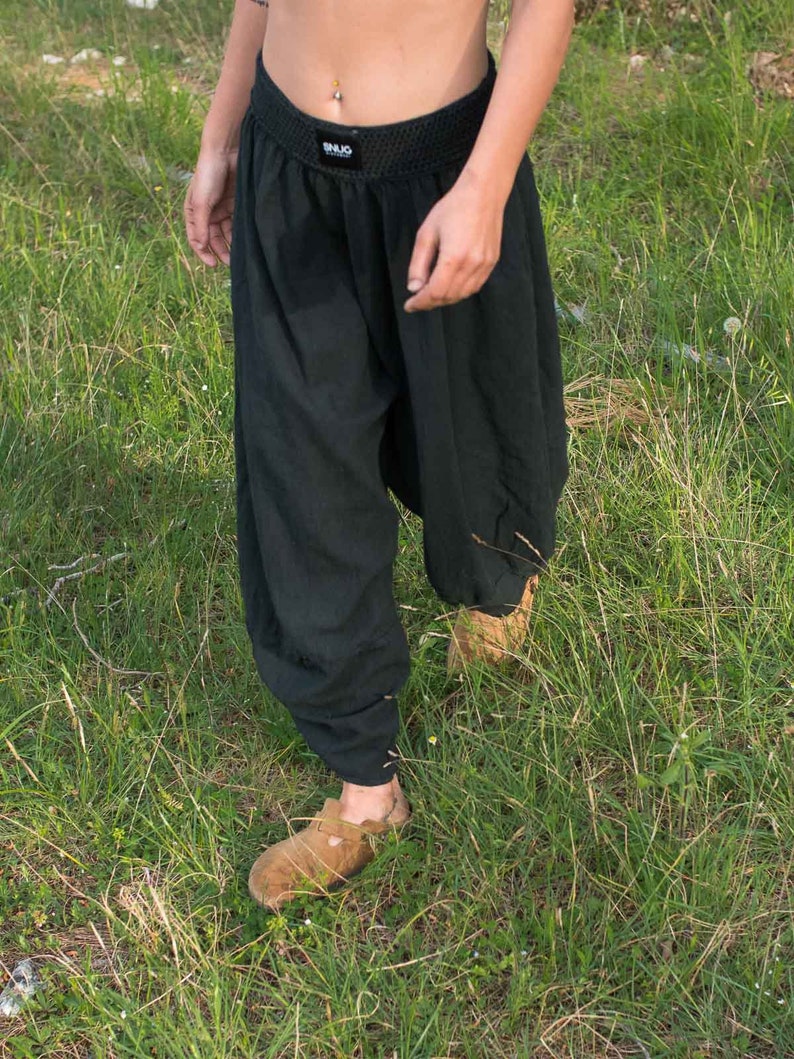 Cyberpunk Harem Linen Natural Woven Pants, Modern Handmade Black Yoga Boho Pants. image 4