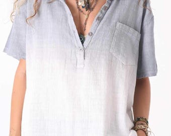 Bluse aus Bio-Baumwolle mit Ombre: Boho Button-Up Shirt, Oversized Top