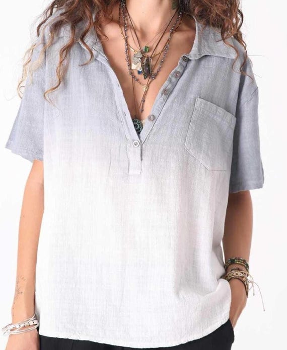 Organic Cotton Ombre Blouse: Boho Button-Up Shirt, Oversized Top