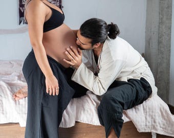 Organic Cotton Linen Black Maternity Pants : Sustainable Elastic Waist And Breathable