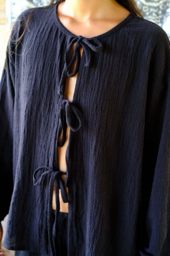 Black Boho Cotton Long Sleeve Cardigan, One Size Relaxed Fit, Layering Top Women's Outerwear