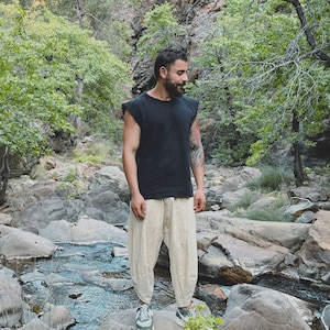 Pantalon tissé naturel bohème en lin, pantalon boho-harem de yoga fait main. image 5